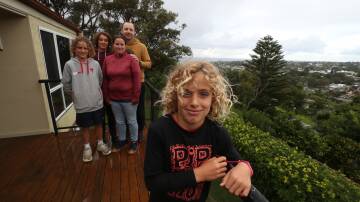 (Left to right) Jenson Coughlan, Fergus Coughlan, Shannon Coughlan, Paul Coughlan and Raferty Coughlan at their Kiama home. Picture: Robert Peet